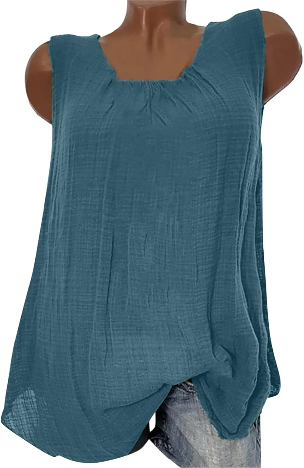 DASAYO Women's Sleeveless Linen Tank Tops Solid Color Crewneck Loose Tshirt Tanks Flowy Retro Gauze Going Out Shirt Blouse