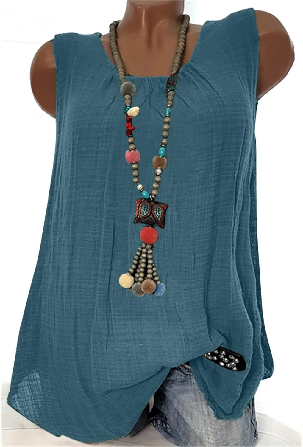 DASAYO Women's Sleeveless Linen Tank Tops Solid Color Crewneck Loose Tshirt Tanks Flowy Retro Gauze Going Out Shirt Blouse