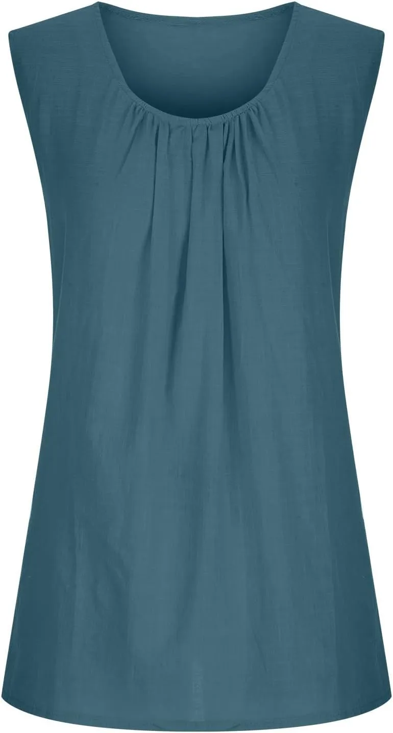 DASAYO Women's Sleeveless Linen Tank Tops Solid Color Crewneck Loose Tshirt Tanks Flowy Retro Gauze Going Out Shirt Blouse