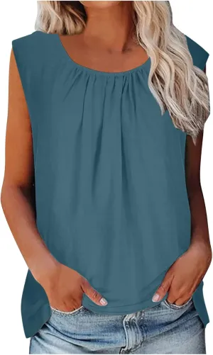 DASAYO Women's Sleeveless Linen Tank Tops Solid Color Crewneck Loose Tshirt Tanks Flowy Retro Gauze Going Out Shirt Blouse