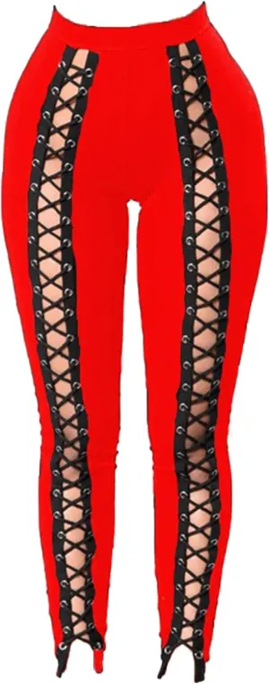 DGHM-JLMY Womens Slim Lace Up Leggings High Waist Bandage Front Lacing Pants Hollow Out Stretch Skinny Narrow Trousers