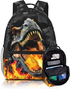Dinosaur Backpack for Boys & Girls Dinosaur Backpack for Kids Fire Animal Print School Backpacks For Boys Lightweight Waterproof Adjustable Bookbag for Children Teens Daypack