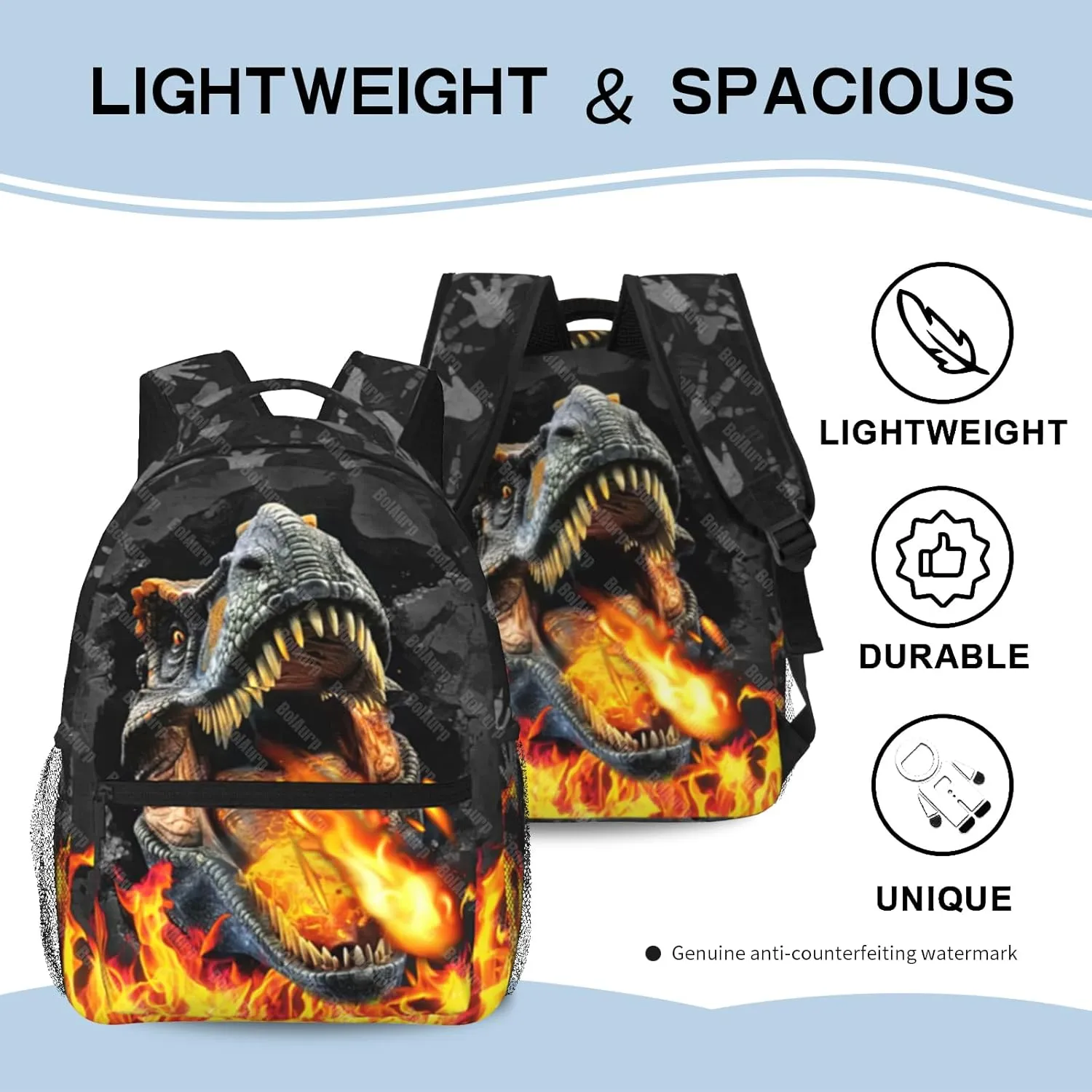 Dinosaur Backpack for Boys & Girls Dinosaur Backpack for Kids Fire Animal Print School Backpacks For Boys Lightweight Waterproof Adjustable Bookbag for Children Teens Daypack