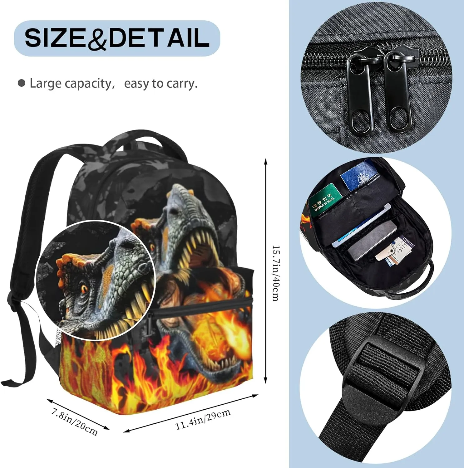 Dinosaur Backpack for Boys & Girls Dinosaur Backpack for Kids Fire Animal Print School Backpacks For Boys Lightweight Waterproof Adjustable Bookbag for Children Teens Daypack