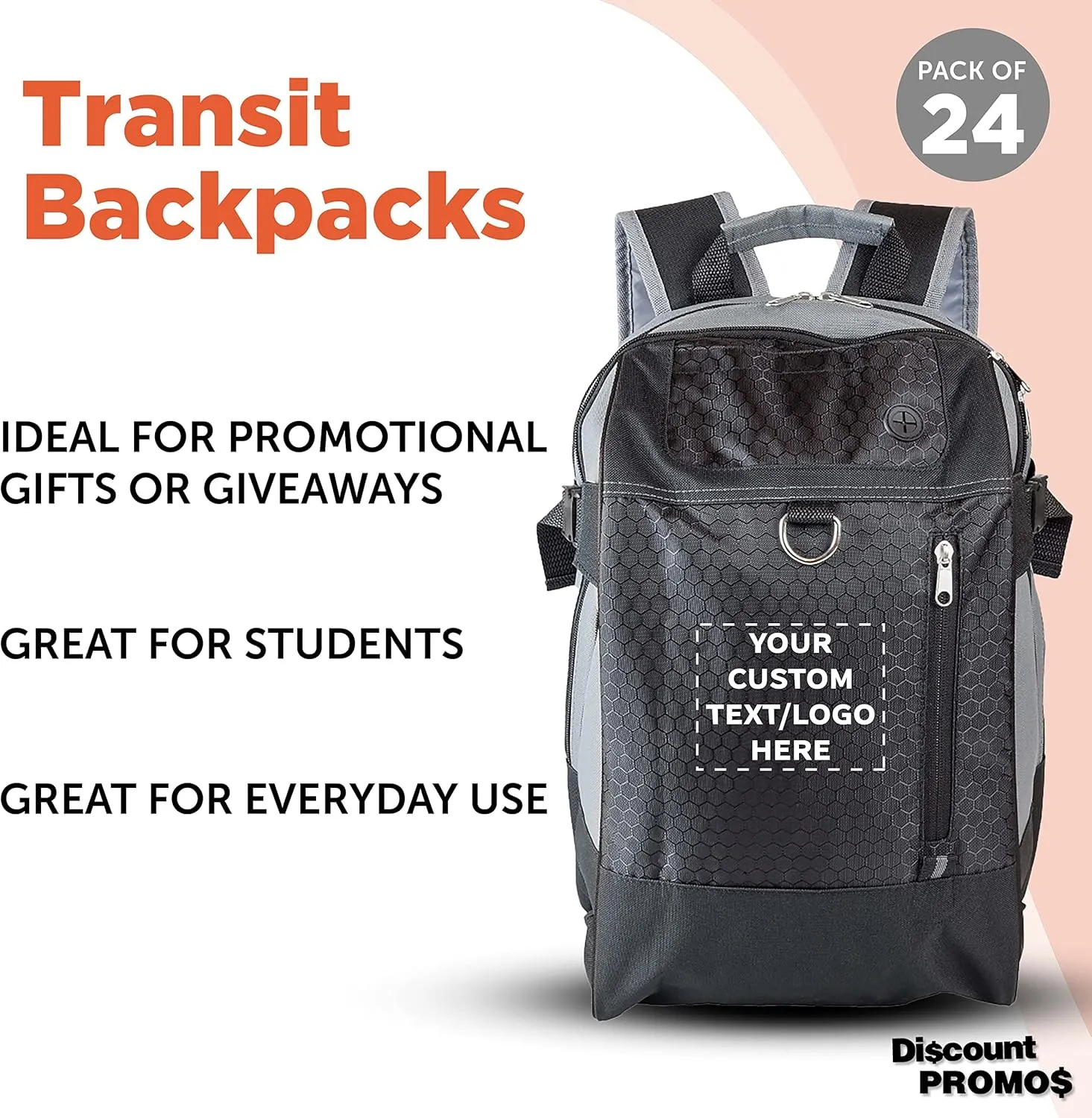 DISCOUNT PROMOS Custom Transit Backpacks Set of 24, Personalized Bulk Pack - Bring Everywhere You Go, Perfect for Travellers, and for Everyday Use - Black