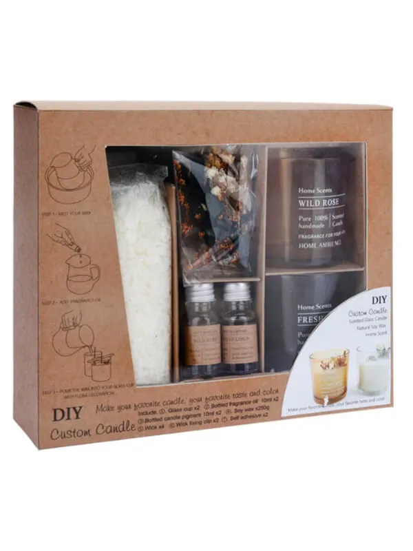 DIY Candle Set of Scented Oils, Soy Wax, Wicks, Dried Flowers and Candle Holders