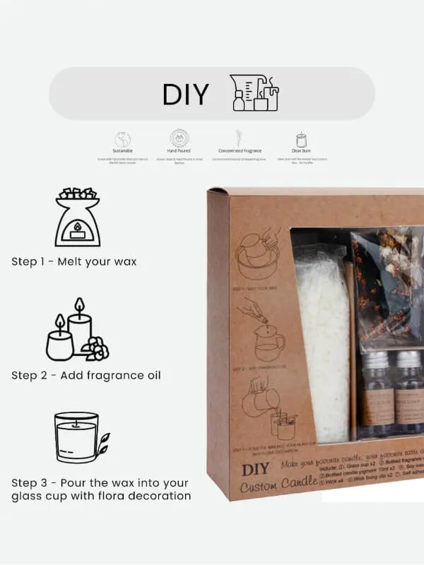 DIY Candle Set of Scented Oils, Soy Wax, Wicks, Dried Flowers and Candle Holders