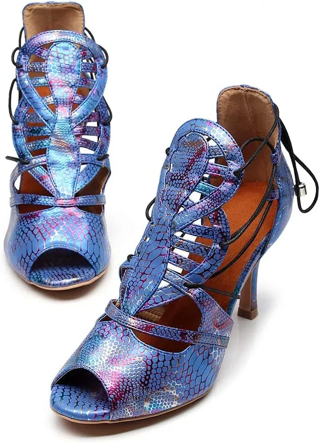 DKZSYIM Women Leather Ballroom Dance Shoes Latin Salsa Tango Performance Fashion Sandals,Model QJW1007