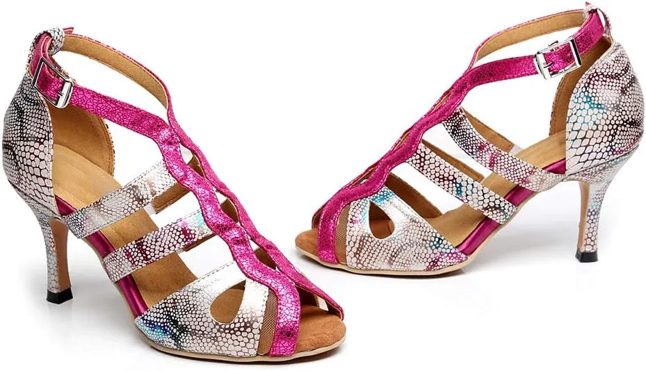 DKZSYIM Women Leather Ballroom Dance Shoes Latin Salsa Tango Performance Fashion Sandals,Model QJW1007