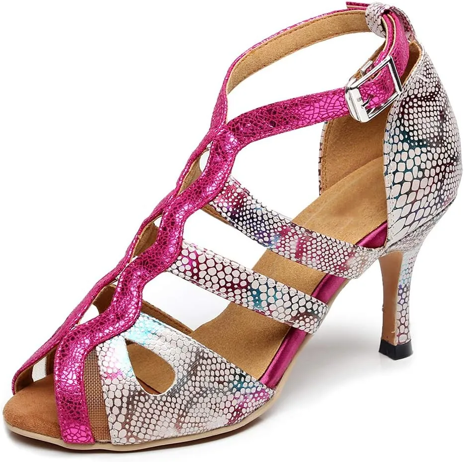 DKZSYIM Women Leather Ballroom Dance Shoes Latin Salsa Tango Performance Fashion Sandals,Model QJW1007