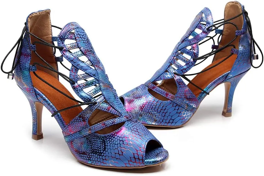 DKZSYIM Women Leather Ballroom Dance Shoes Latin Salsa Tango Performance Fashion Sandals,Model QJW1007