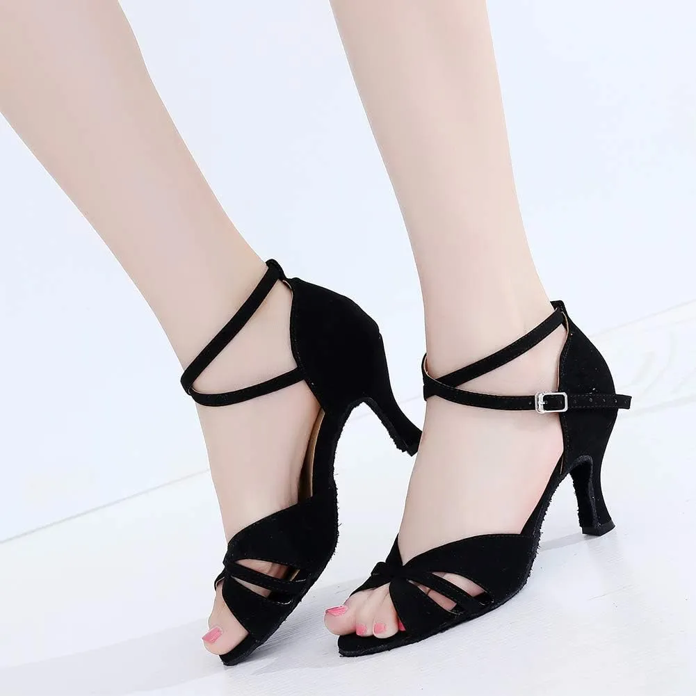 DKZSYIM Women's Latin Dance Shoes Suede Ballroom Salsa Wedding Performance Sandals,Model QJW1001