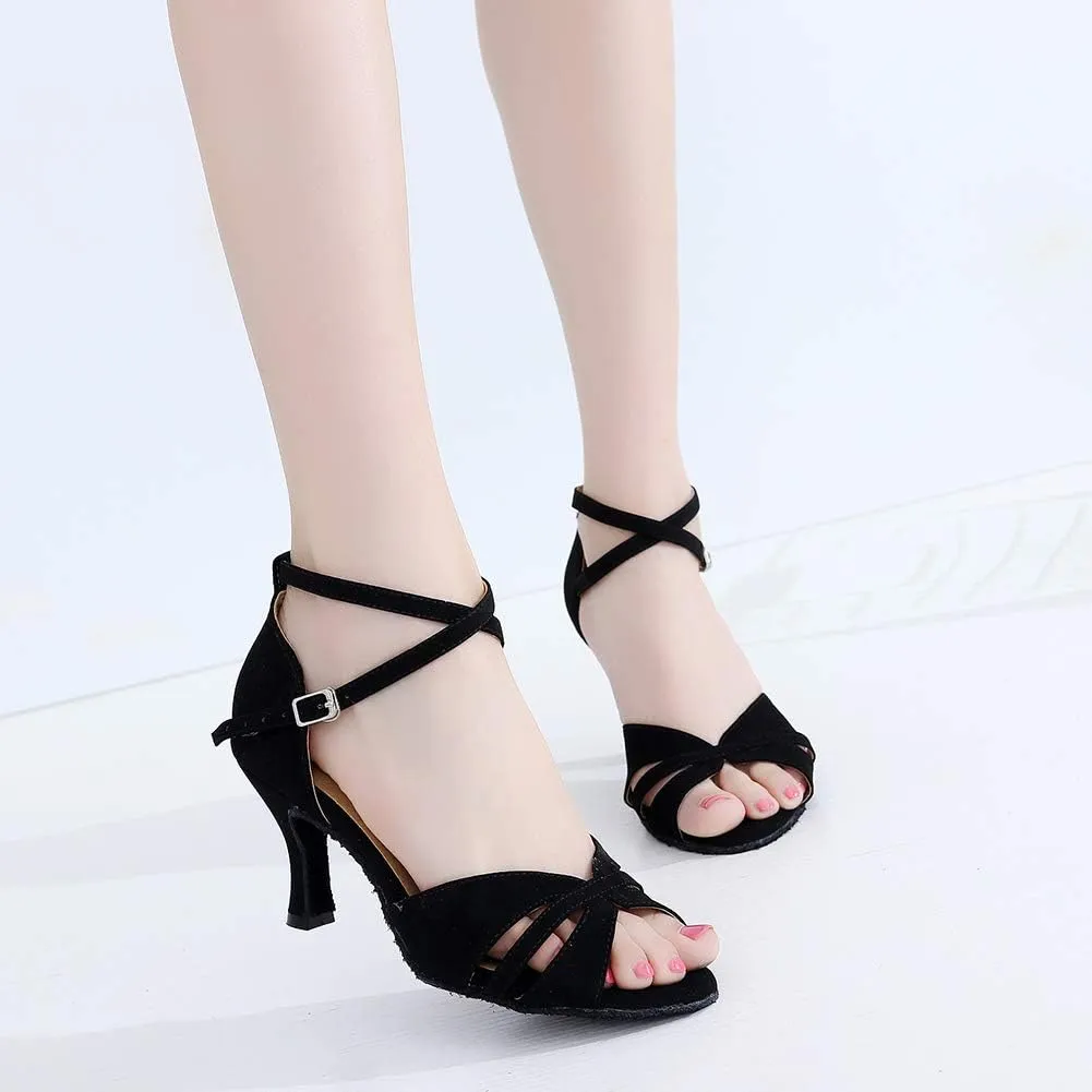 DKZSYIM Women's Latin Dance Shoes Suede Ballroom Salsa Wedding Performance Sandals,Model QJW1001