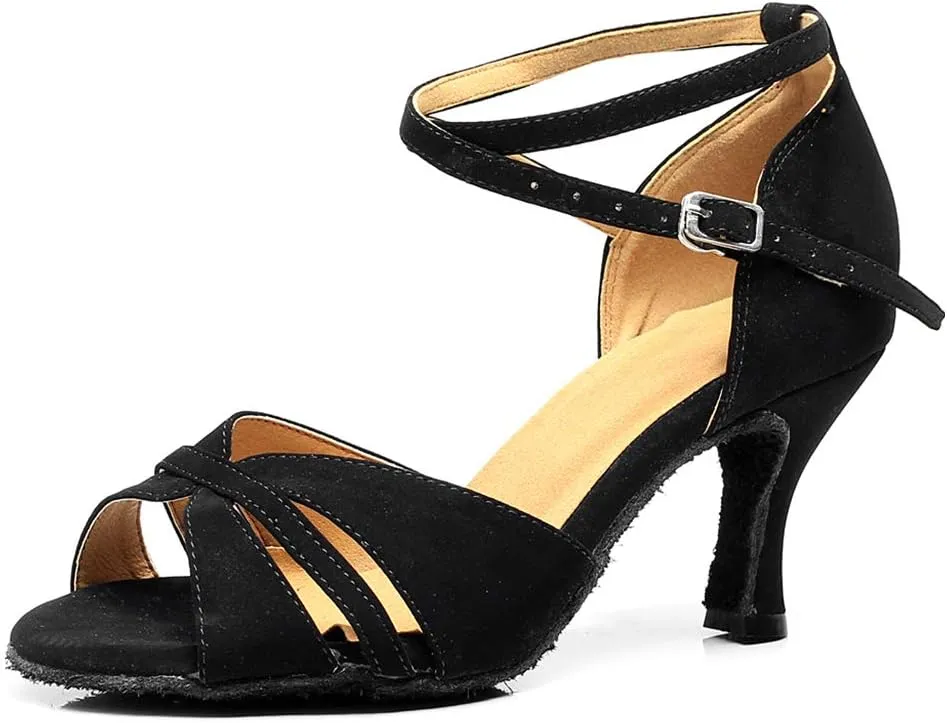 DKZSYIM Women's Latin Dance Shoes Suede Ballroom Salsa Wedding Performance Sandals,Model QJW1001