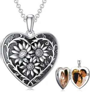 Dorunmo Sunflower Heart Locket Necklace that Hold 2 Photos 925 Sterling Silver Personalized Customized Sunflower Picture Locket Pendant Heart Locket Necklace for Women