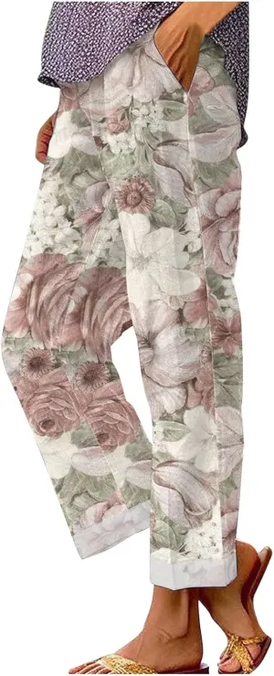 Drawstring Linen Pants Women Floral Cotton Linen Casual Pants Black Linen Pants Women Cropped Linen Pants Women