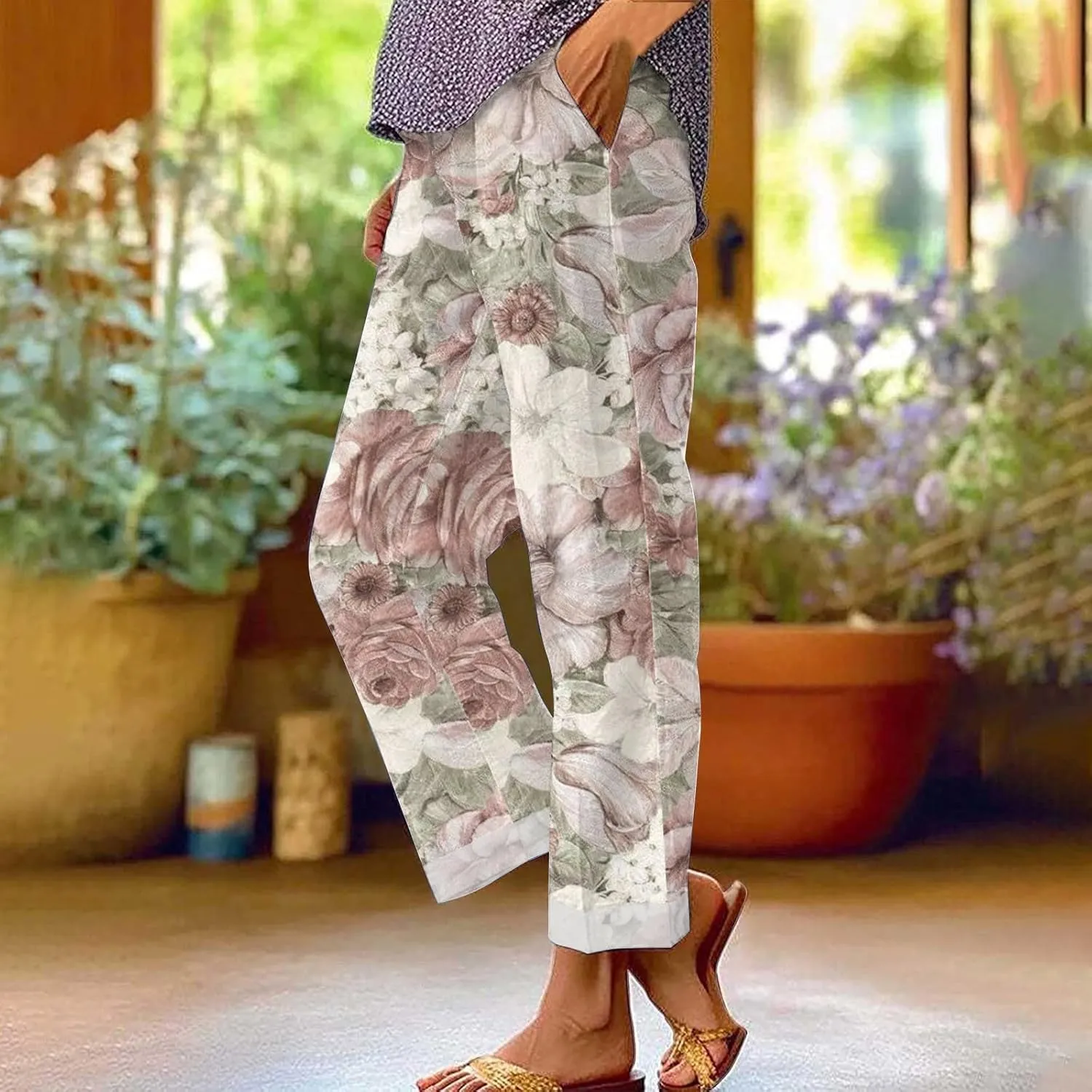 Drawstring Linen Pants Women Floral Cotton Linen Casual Pants Black Linen Pants Women Cropped Linen Pants Women