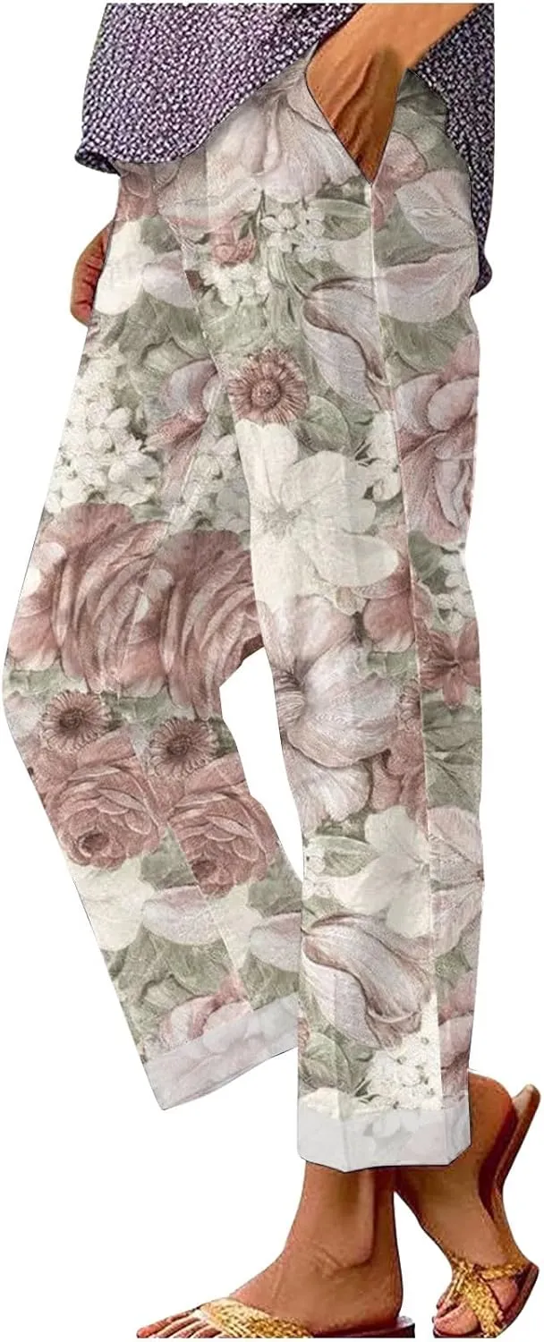 Drawstring Linen Pants Women Floral Cotton Linen Casual Pants Black Linen Pants Women Cropped Linen Pants Women
