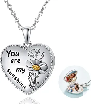 Dreamboat Personalized Heart Locket Necklace for Women 925 Sterling Silver Custom You Are My Sunshine Lockets Pendant That Holds Pictures Photo Keepsake Jewelry Gifts