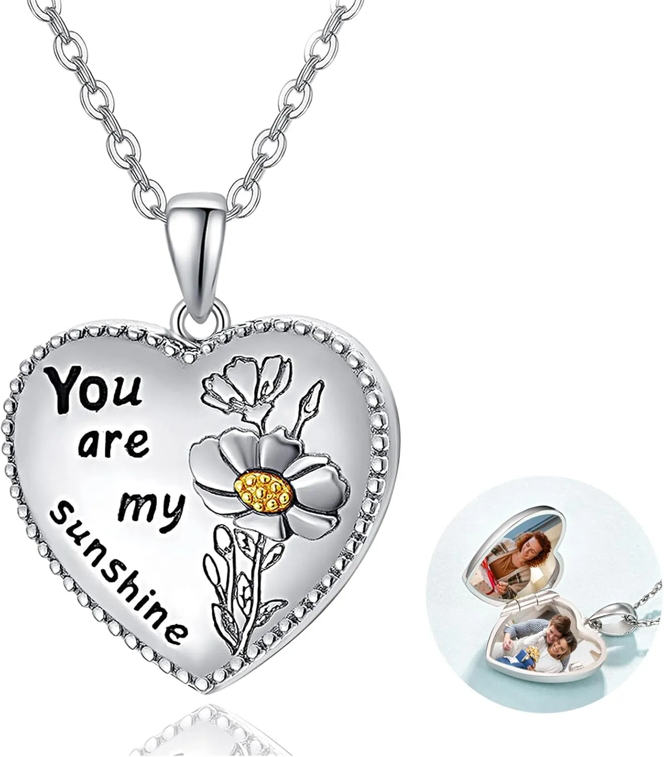 Dreamboat Personalized Heart Locket Necklace for Women 925 Sterling Silver Custom You Are My Sunshine Lockets Pendant That Holds Pictures Photo Keepsake Jewelry Gifts