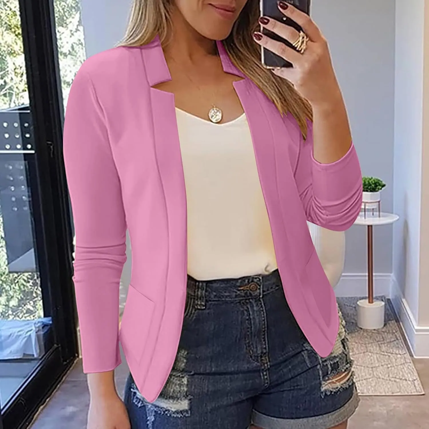 Dressy Open Front Blazer Jackets Notched Collar Long Sleeve Open Front Work Office Business Blazers with Pockets