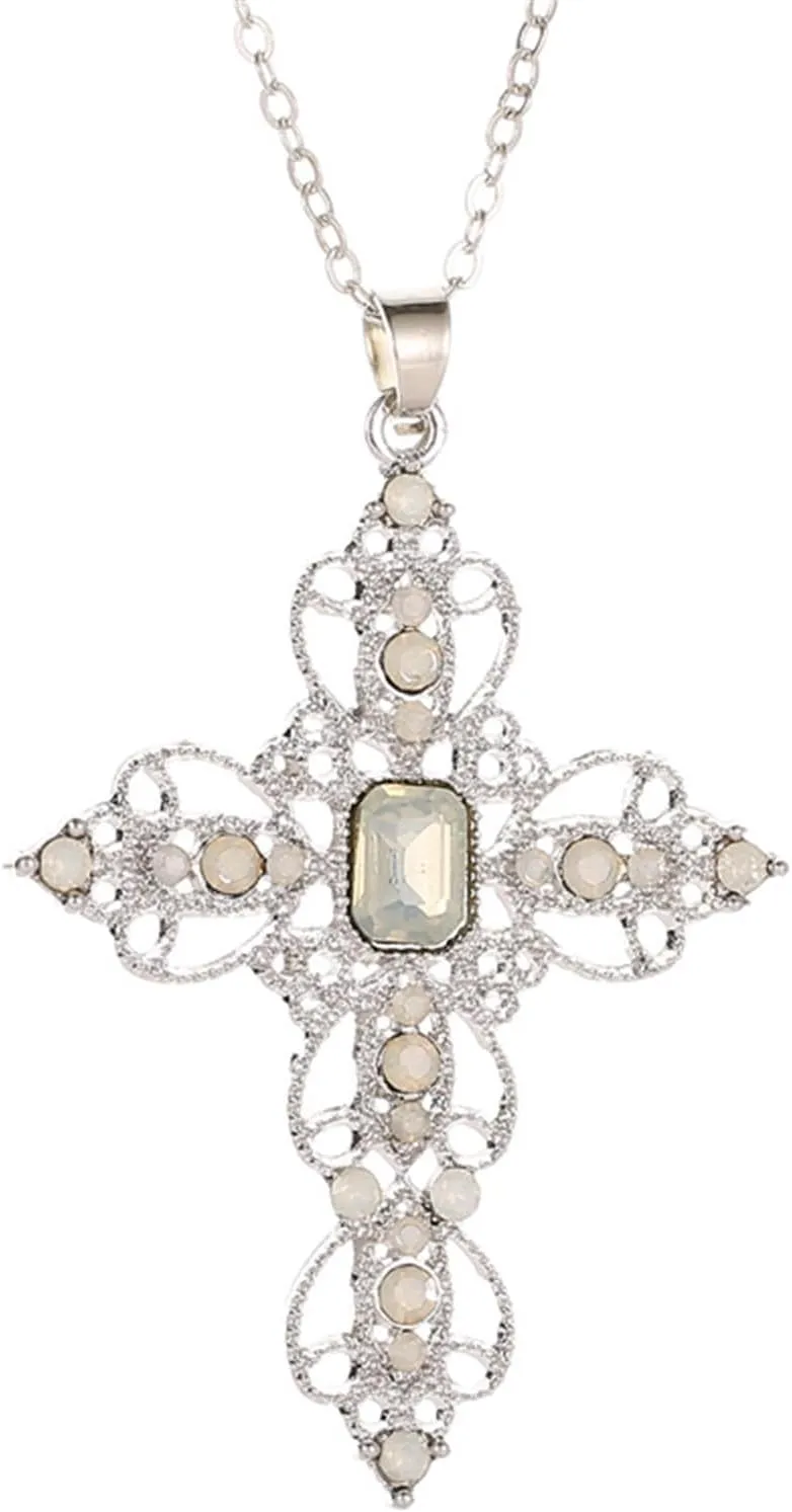 Dreuyet Bohemian Cross Necklaces for Women Dainty Vintage Alloy CZ Cross Pendant Necklaces Charm Gothic Religious Necklace