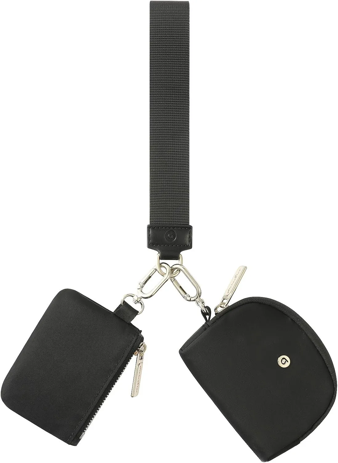 Dual Pouch Wristlet - Keychain Wallet RFID Blocking Mini Zip Around Wristlet Wallets with Detachable Strap, Mini Coin Purse For Women With Premium Zippers & Metal Buckles (Black & Silver Hardware)