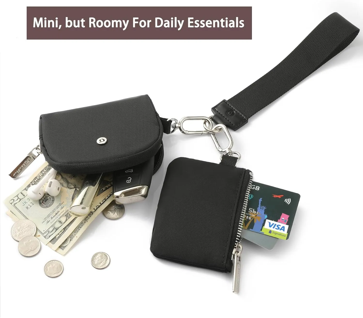 Dual Pouch Wristlet - Keychain Wallet RFID Blocking Mini Zip Around Wristlet Wallets with Detachable Strap, Mini Coin Purse For Women With Premium Zippers & Metal Buckles (Black & Silver Hardware)
