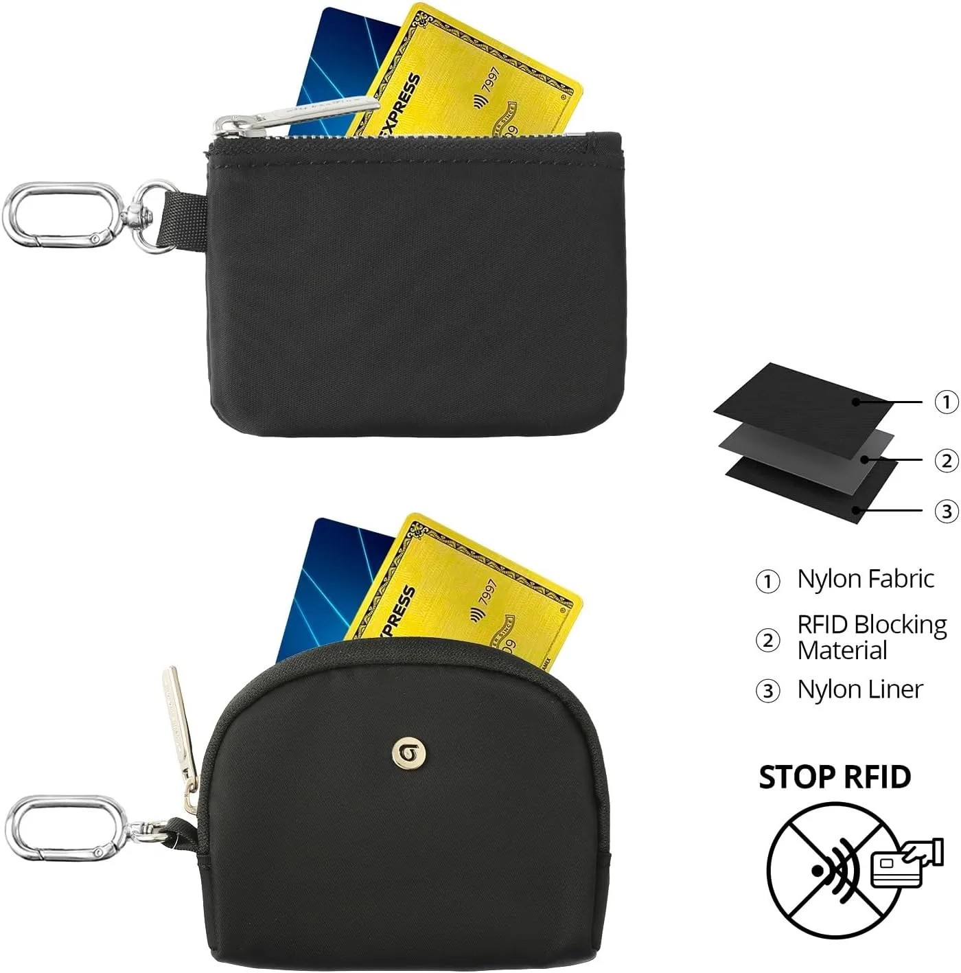 Dual Pouch Wristlet - Keychain Wallet RFID Blocking Mini Zip Around Wristlet Wallets with Detachable Strap, Mini Coin Purse For Women With Premium Zippers & Metal Buckles (Black & Silver Hardware)