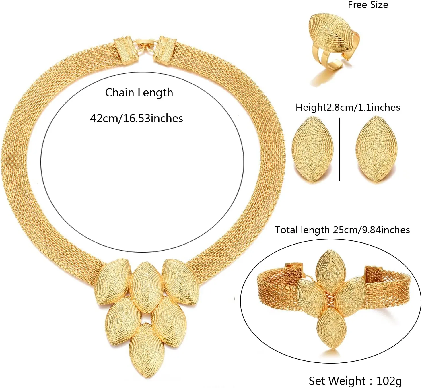 Dubai Gold Jewelry Sets for Women 24K Gold Plated Costume Jewelry for Women Prom Jewelry Sets Valentines Anniversary Birthday Gifts