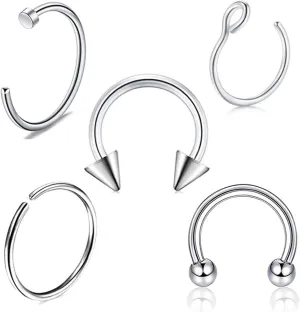 Ear Piercing Jewelry, Stainless Steel Piercing Jewelry Ring 5pcs Nose Ring 1.2mm Thickness Silver C Shape and Polished Piercing Jewelry Gift