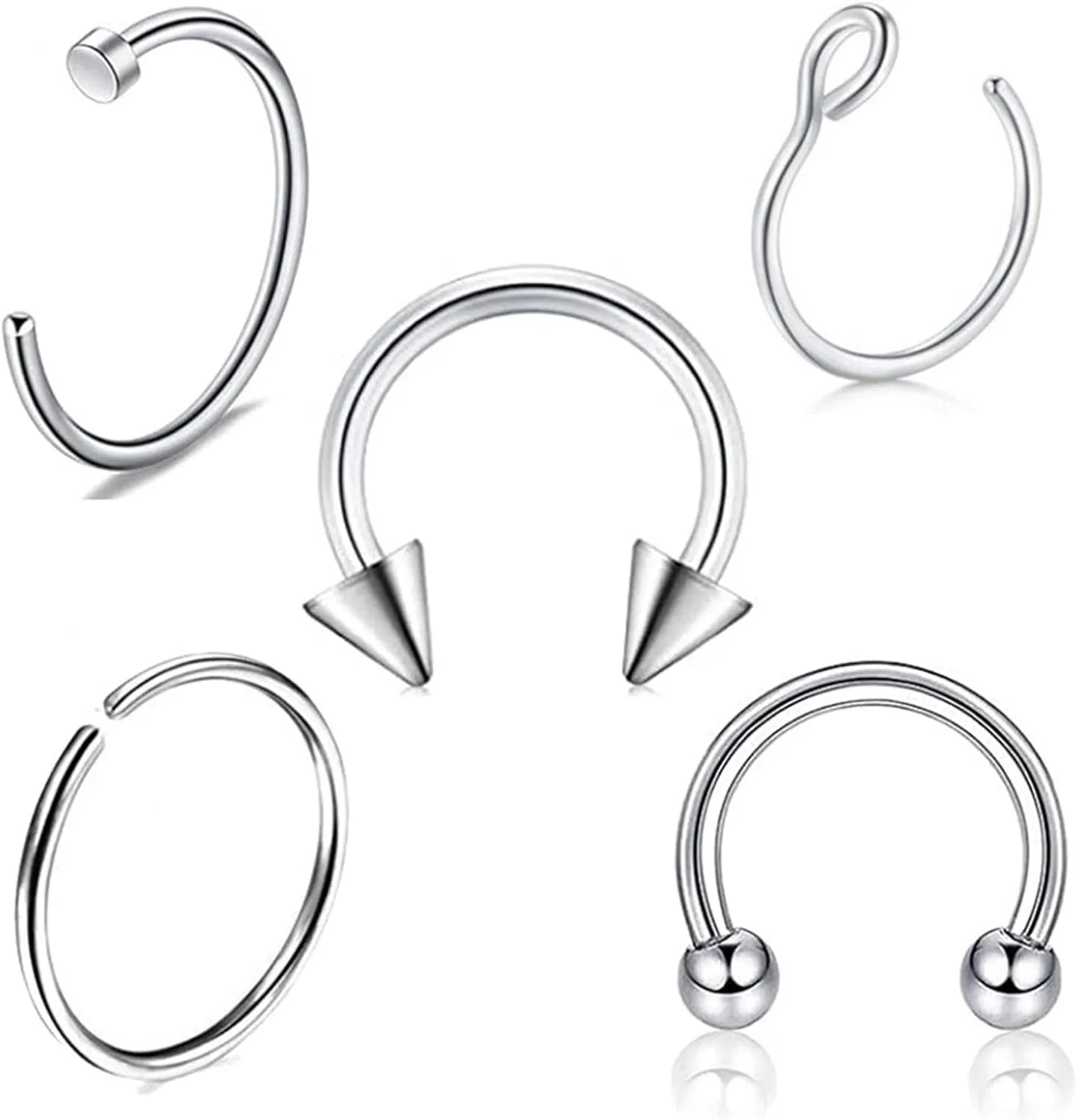 Ear Piercing Jewelry, Stainless Steel Piercing Jewelry Ring 5pcs Nose Ring 1.2mm Thickness Silver C Shape and Polished Piercing Jewelry Gift