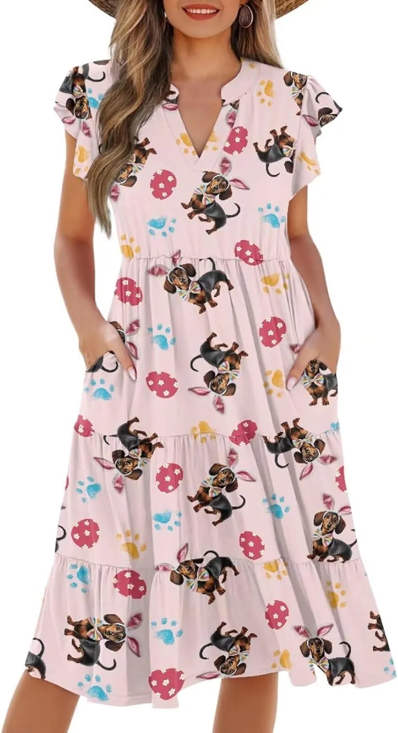 Easter Dress for Women Plus Size Cute Summer Dresses Tiered Midi Sun Dress Ruffle Sleeve V Neck Dress S-2XL