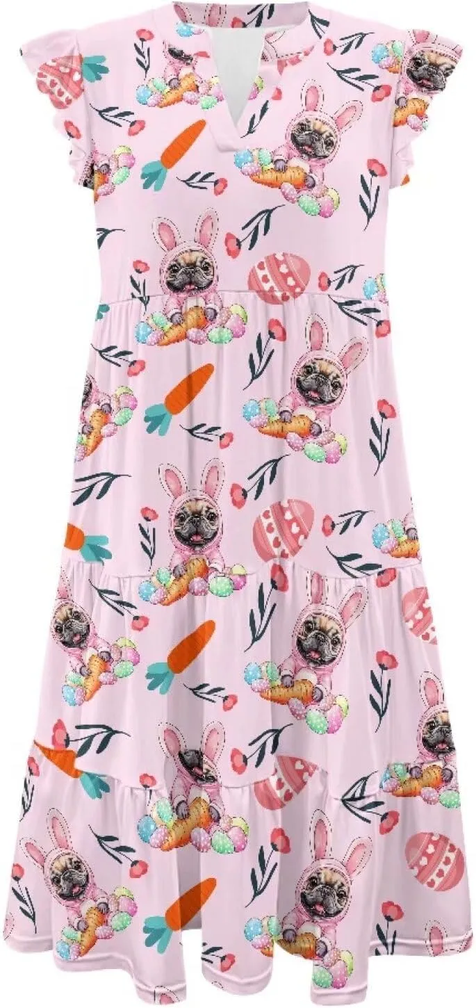 Easter Dress for Women Plus Size Cute Summer Dresses Tiered Midi Sun Dress Ruffle Sleeve V Neck Dress S-2XL