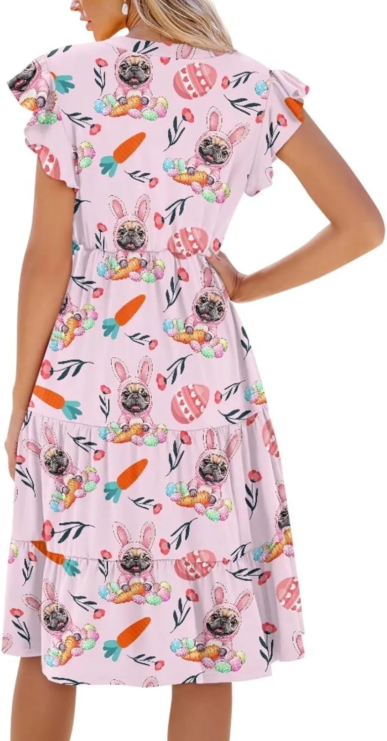 Easter Dress for Women Plus Size Cute Summer Dresses Tiered Midi Sun Dress Ruffle Sleeve V Neck Dress S-2XL