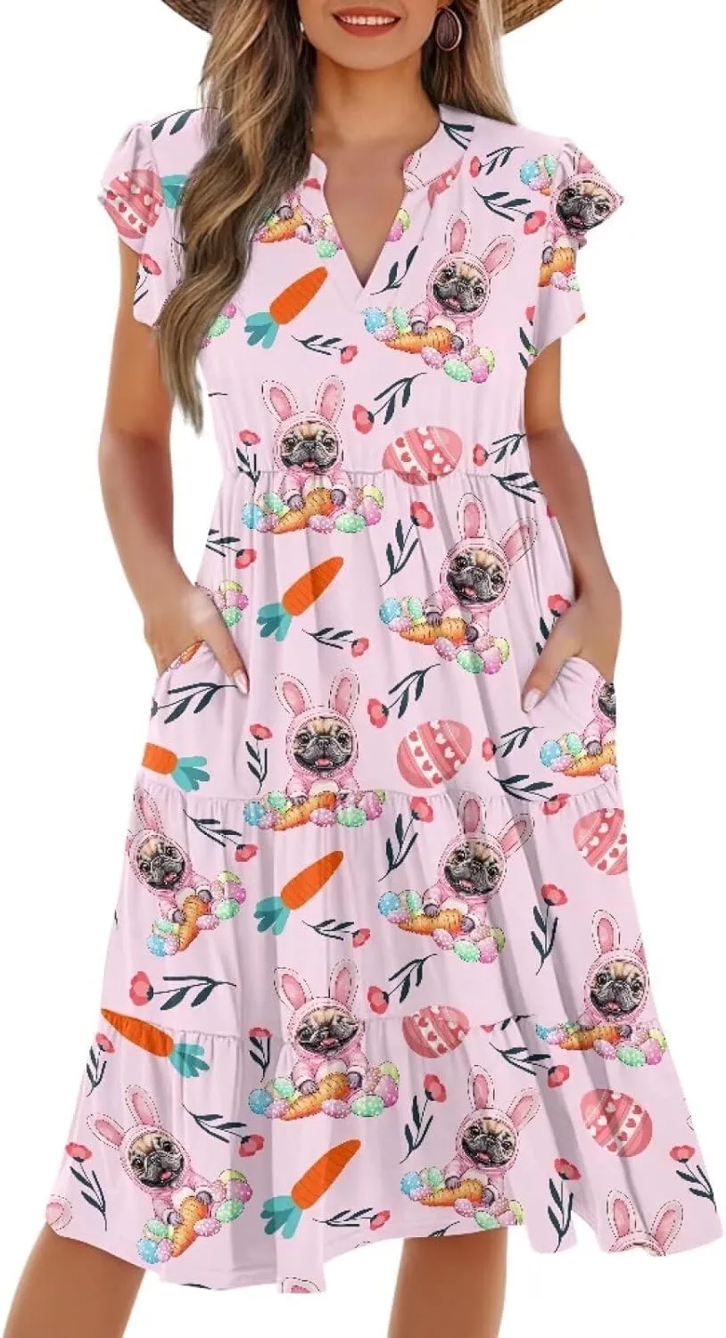 Easter Dress for Women Plus Size Cute Summer Dresses Tiered Midi Sun Dress Ruffle Sleeve V Neck Dress S-2XL