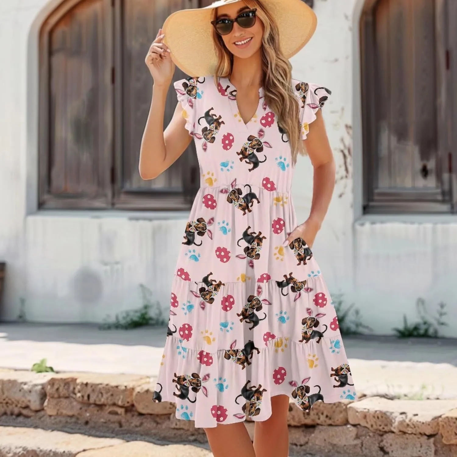 Easter Dress for Women Plus Size Cute Summer Dresses Tiered Midi Sun Dress Ruffle Sleeve V Neck Dress S-2XL