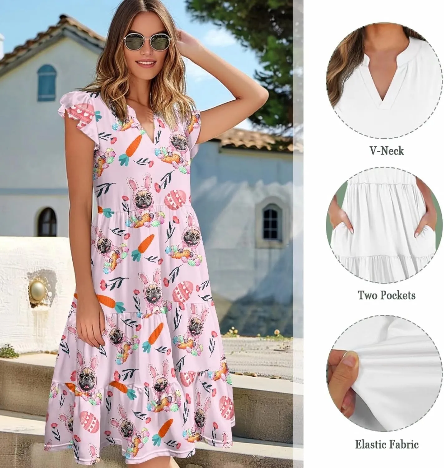 Easter Dress for Women Plus Size Cute Summer Dresses Tiered Midi Sun Dress Ruffle Sleeve V Neck Dress S-2XL