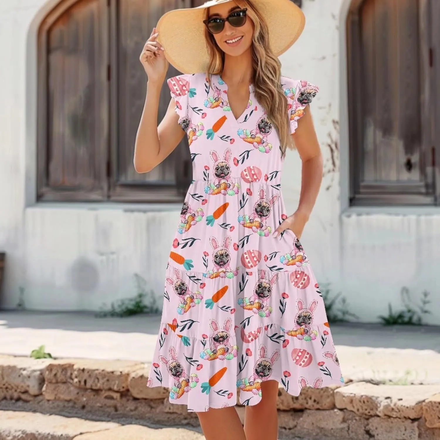 Easter Dress for Women Plus Size Cute Summer Dresses Tiered Midi Sun Dress Ruffle Sleeve V Neck Dress S-2XL