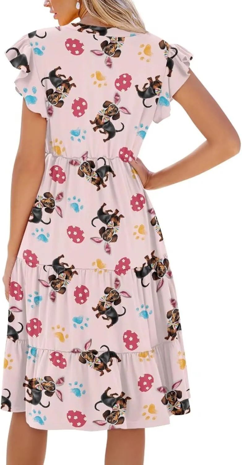 Easter Dress for Women Plus Size Cute Summer Dresses Tiered Midi Sun Dress Ruffle Sleeve V Neck Dress S-2XL
