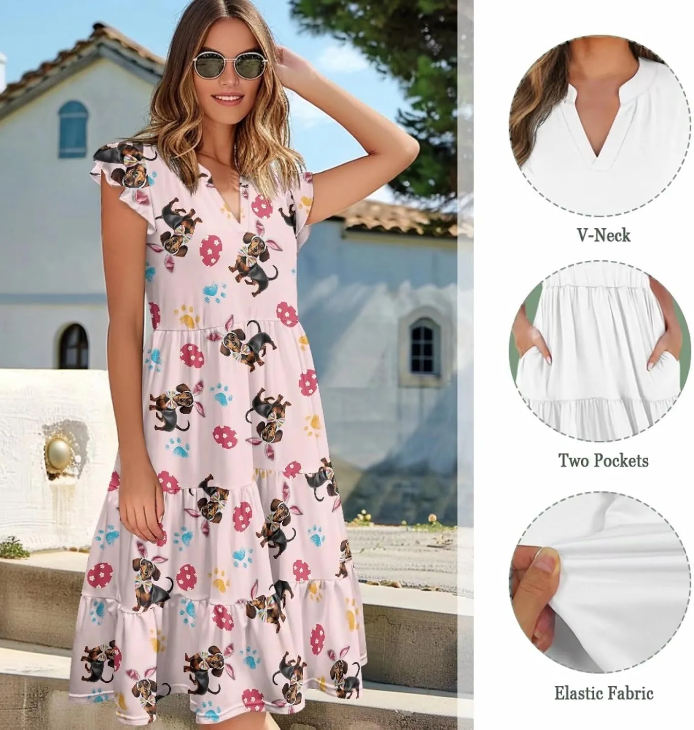 Easter Dress for Women Plus Size Cute Summer Dresses Tiered Midi Sun Dress Ruffle Sleeve V Neck Dress S-2XL