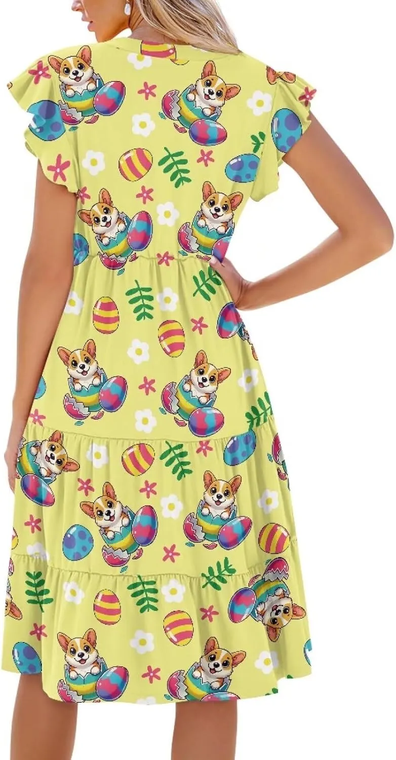Easter Dress for Women Plus Size Cute Summer Dresses Tiered Midi Sun Dress Ruffle Sleeve V Neck Dress S-2XL