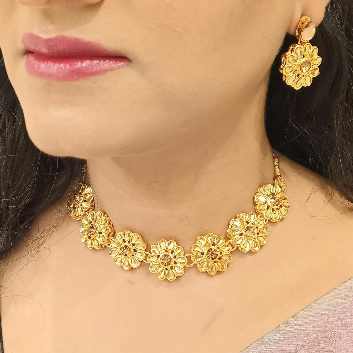 Efulgenz Kundan Choker Necklace Indian Jewelry Sets for Women Bollywood Jewelry Choker Kundan Floral Crystal Necklace Earrings Wedding Bridal Jewelry Set