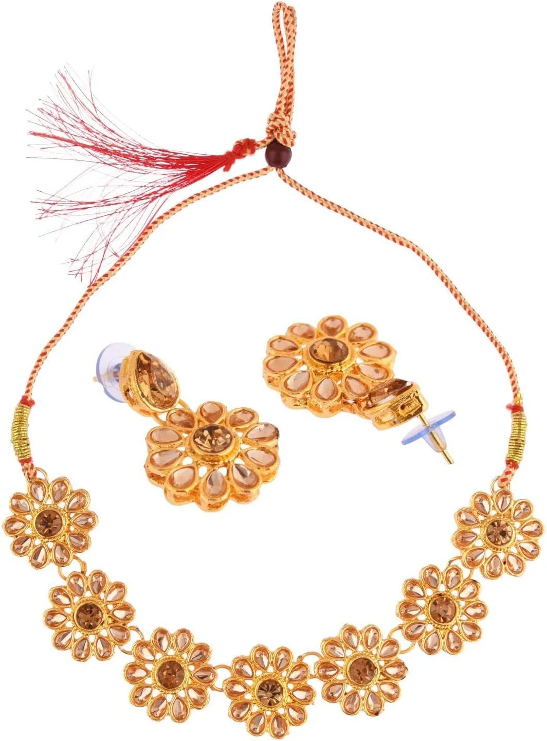 Efulgenz Kundan Choker Necklace Indian Jewelry Sets for Women Bollywood Jewelry Choker Kundan Floral Crystal Necklace Earrings Wedding Bridal Jewelry Set