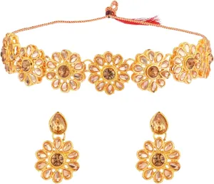 Efulgenz Kundan Choker Necklace Indian Jewelry Sets for Women Bollywood Jewelry Choker Kundan Floral Crystal Necklace Earrings Wedding Bridal Jewelry Set