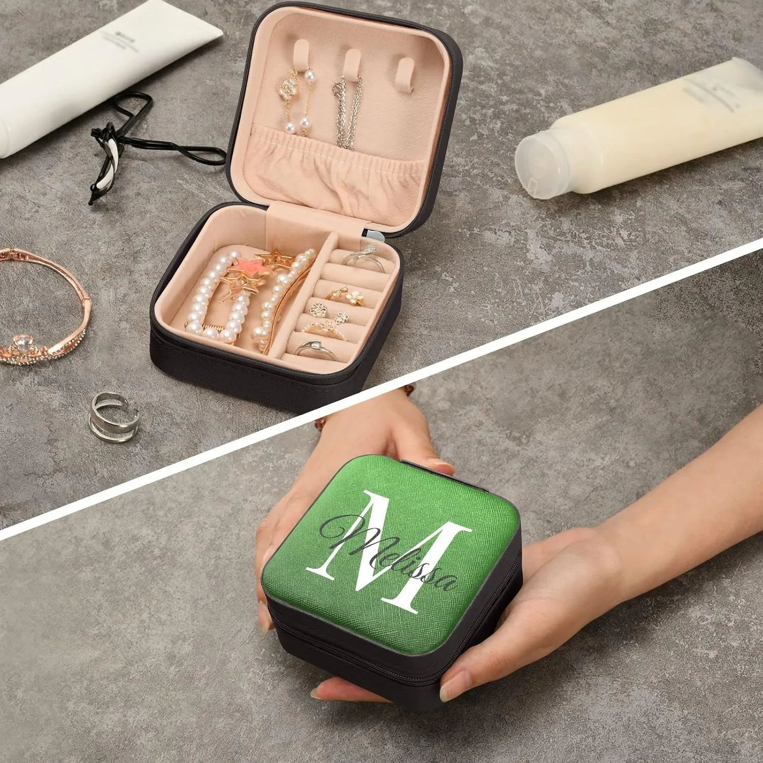 Emelivor Greem Gradient Custom Travel Jewelry Case PU Leather Personalized Portable Jewelry Box Travel Jewelry Organizer Small Jewelry Box for Ring Earring Gifts Necklace Display Box Holder for Women