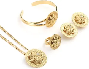 Ethiopian Gold Color Women Jewelry Pendant Bangle Earrings Rings Jewelry Set