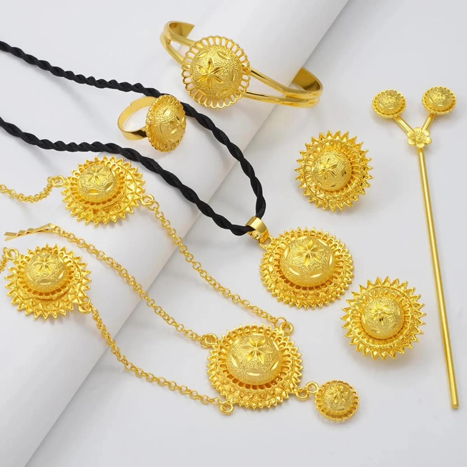 Ethiopian Jewelry for Women Set Ethiopian Jewelry sets Round Necklace Earrings Bracelet Ring Head-Chain Eritrean Traditional Wedding Ethiopian Traditional Jewelry