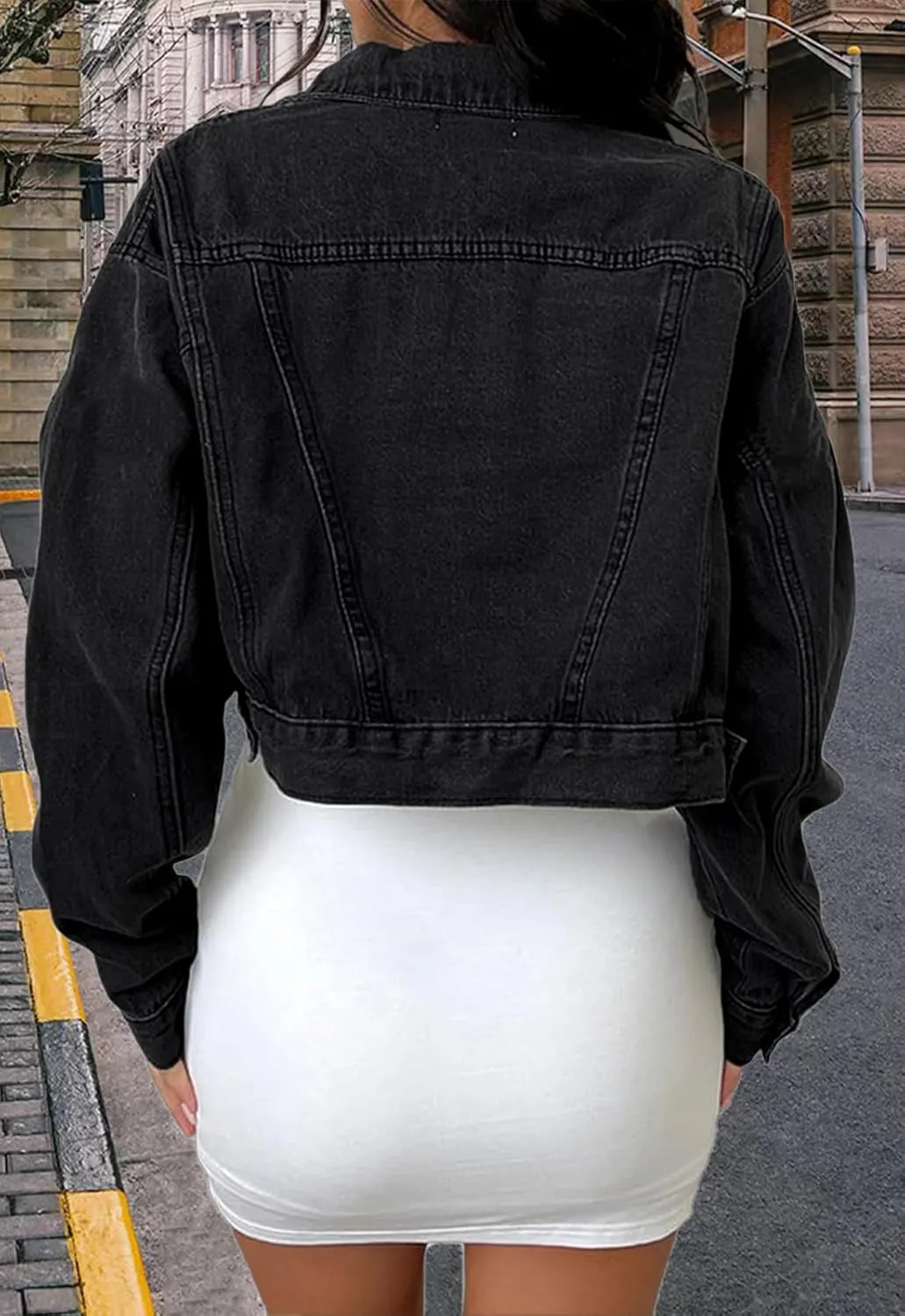 FairBeauty Women's Washed Distressed Denim Jacket Long Sleeve Ripped Button Up Cropped Jean Jacket