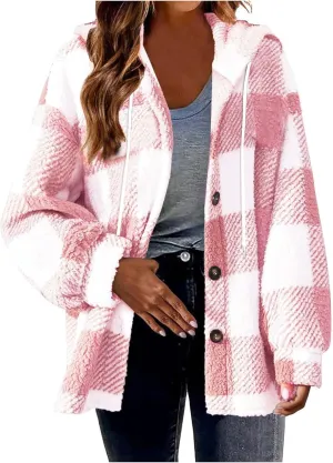 Fall Jackets for Women 2024 Plaid Shirts Casual Hoodie Jackets Long Sleeve Button Down Loose Fit Warm Winter Coats
